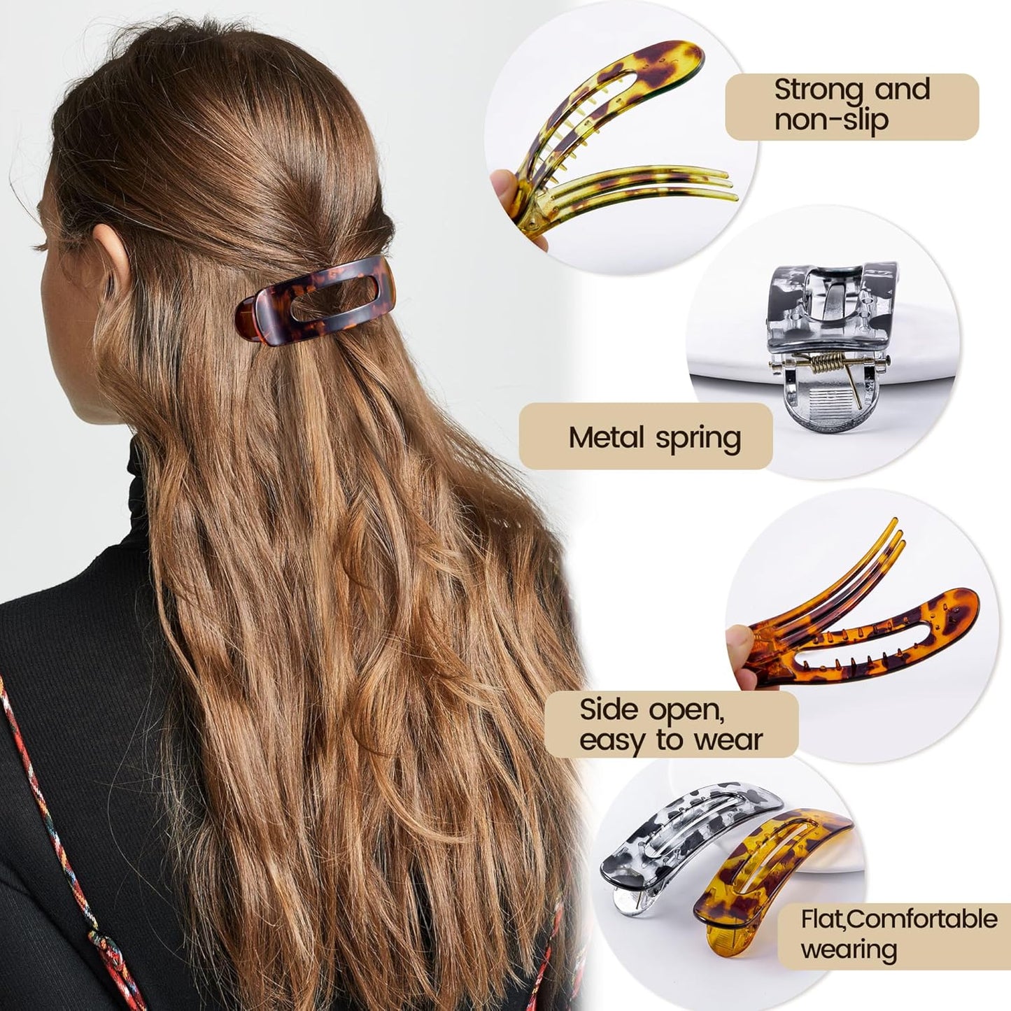 8 Pcs Large Lay Flat Claw Clips for Women French Side Slide Barrettes for Thin Fine Hair Rectangle Alligator Hair Accessories,Bright Tortoiseshell