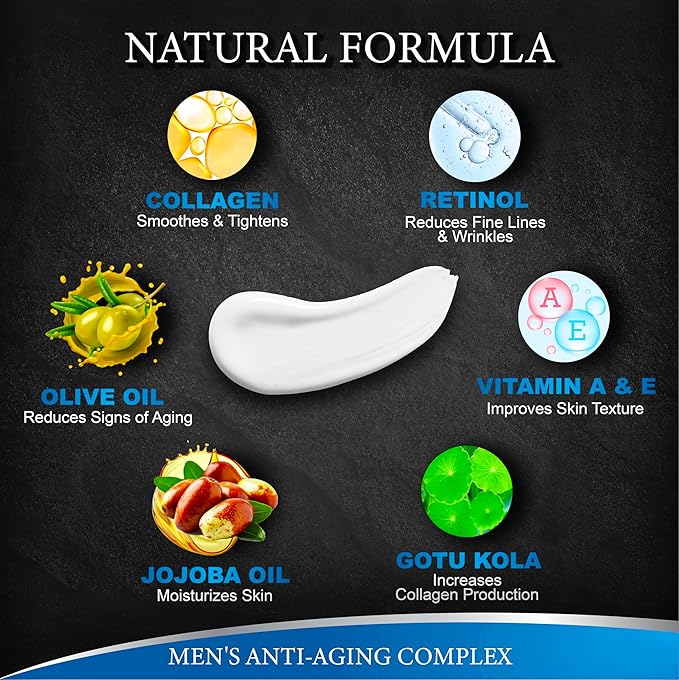 Mens Face Moisturizer Cream - Anti Aging & Wrinkle for Men with Collagen, Retinol, Vitamins E, Jojoba Oil - Face Lotion - Age Facial Skin Care - Eye Wrinkle - Day & Night - 4 oz