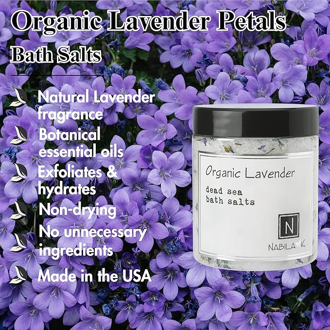 Organic Lavender Bath Salts by Nabila K - Dead Sea Salt & Epsom Salt Scrub & Soak - Exfoliates & Hydrates Skin, Botanical Essential Oils - Bubble Bath Accessories for All Skins Types, 2 oz