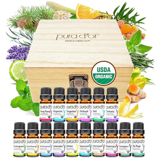 PURA D'OR Organic Sweet16 Essential Oils Set - 16x 10mL Wood Box Aromatherapy Gift Set - 100% Pure Therapeutic Grade for Relaxation and Wellness (Lavender, Rosemary, Turmeric, Ylang Ylang & More)