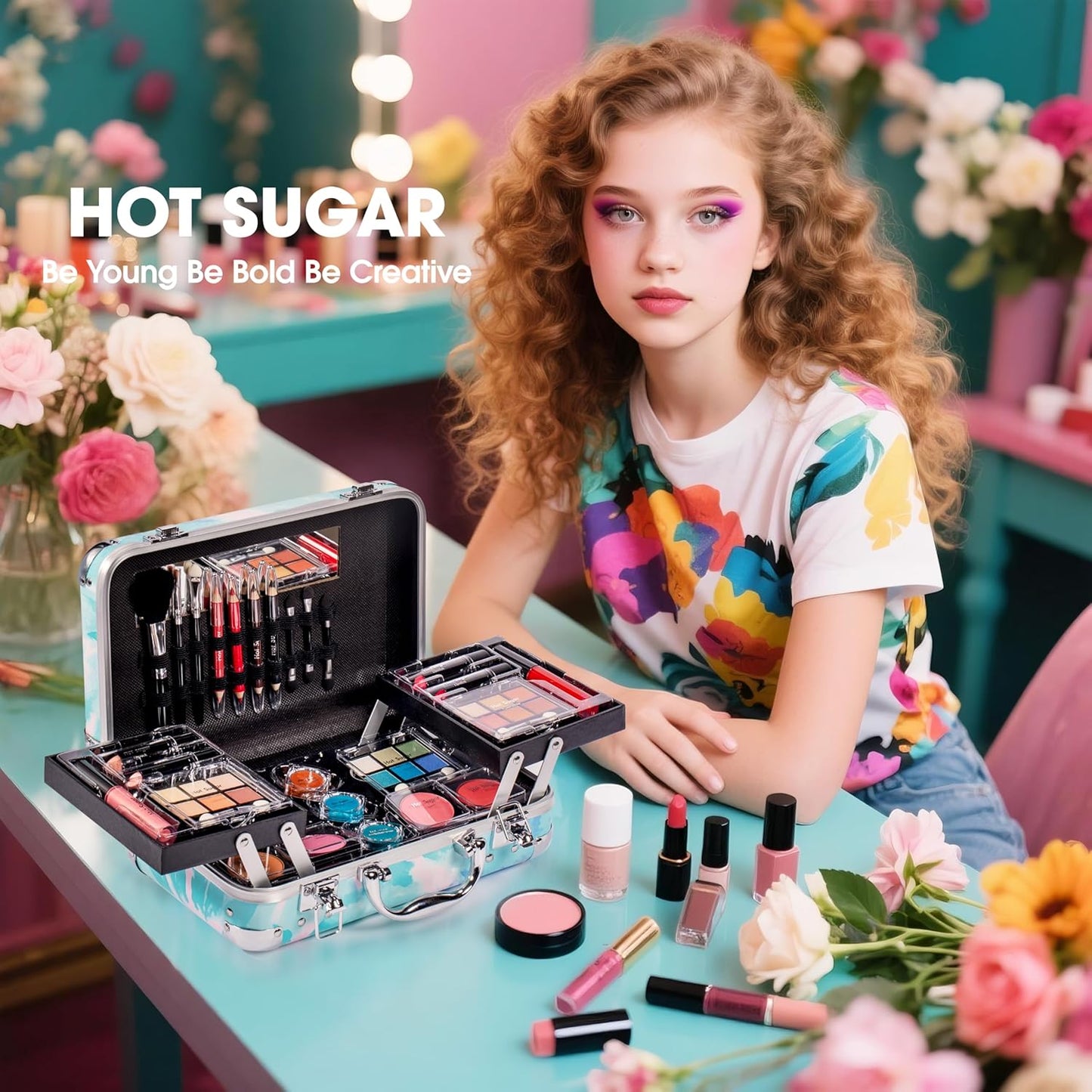 Hot Sugar All In One Makeup Set for Adults and Girls-Full Makeup Kit for Beginners Includes Eye Shadow Palette Blush Lip Gloss Lipstick Lip Pencil Eye Pencil Brush Mirror (Blue Tie-Dye)