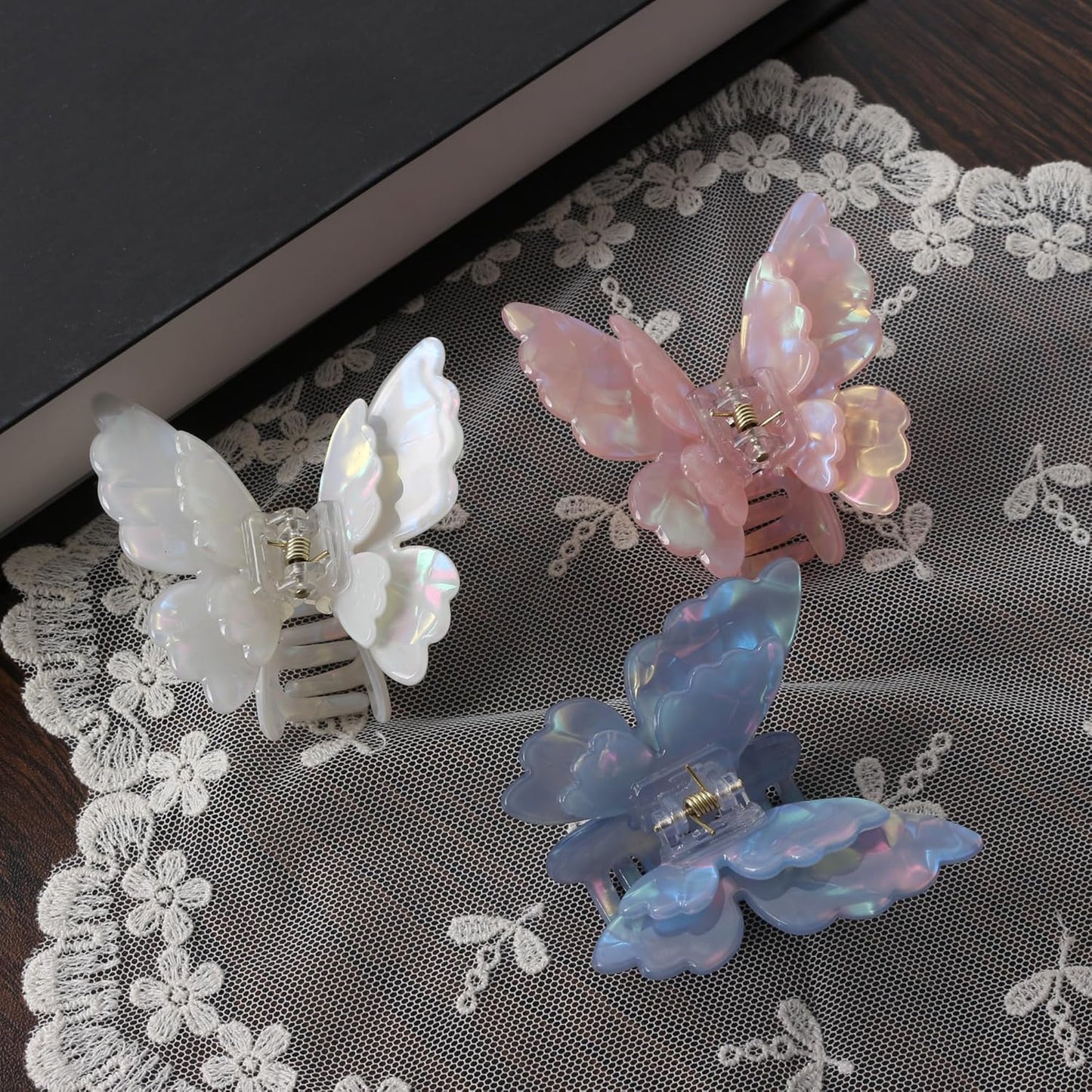 3 Packs Butterfly Hair Clips Acetate Tortoise Shell Non-Slip Jaw Clips 2.5inch, Beautiful Butterfly Hair Accessories for Girls and Women(Mixed color, White, Blue, Pink)