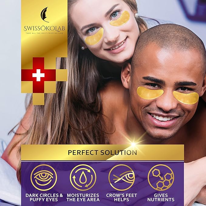 SWISSÖKOLAB Under Eye Patches For Puffy Eyes 24k Gold Eye Mask For Dark Circles And Puffiness Collagen Eye Gel Pads Moisturizing & Reducing Wrinkles Anti-Aging Hyaluronic Acid