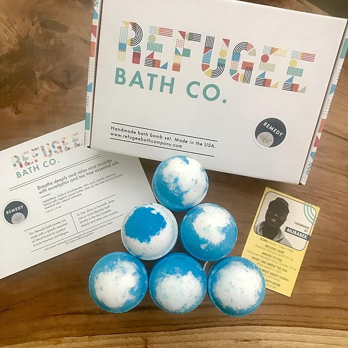Variety Pack Bath Bombs Tea Tree and Eucalyptus Essential Oils Cocoa Butter Support Refugee Employment in USA (12 Pack)