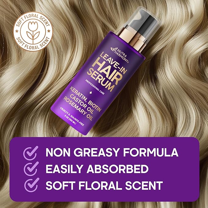 Hydrating Hair Serum for Frizzy and Damaged Hair - Keratin Hair Treatment for Dry Damaged Hair w/ Biotin, Castor Oil, Rosemary Oil, Hair Heat Protectant & Anti Frizz Hair Serum For Frizzy Hair, 5 Oz