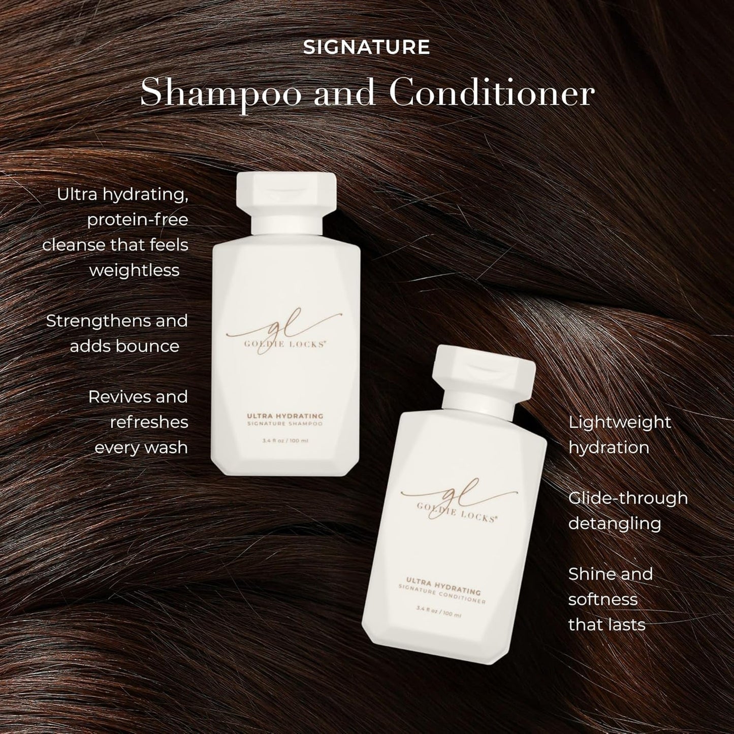 Goldie Locks Shampoo and Conditioner Travel Set - TSA-Approved Hydrating Hair Care Duo with Biotin, Marula Oil & Rose Water – Protein, Sulfate & Paraben-Free in Limited Edition Gold Bag - 3.4 oz each