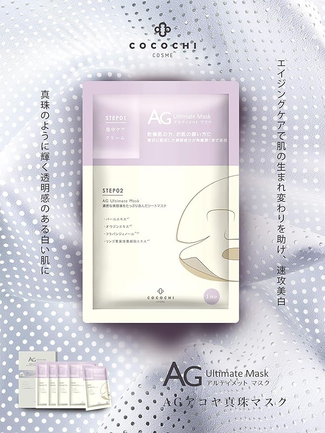 Anti Aging Face Mask for Women & Men – Hydrating Antiglycation Sheet Mask with Orimos® Complex, Botanical Extracts, Vitamin C Derivative, Alpha Arbutin & Pearl, Made in Japan, 5 Sheets