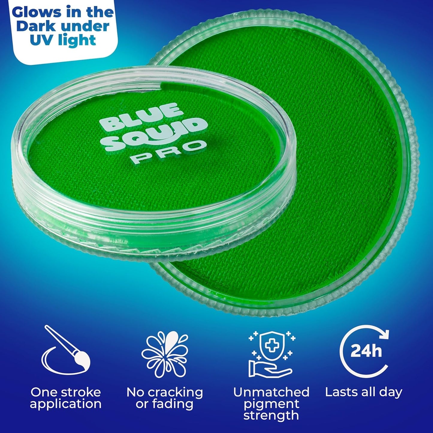 Blue Squid Face Paint Water Based Single Cake Professional Face Paint & Body Paint - Water Activated, Kids Adults Face Painting for Costume, Halloween Makeup, Cosplay - Neon Green Face Paint 30g