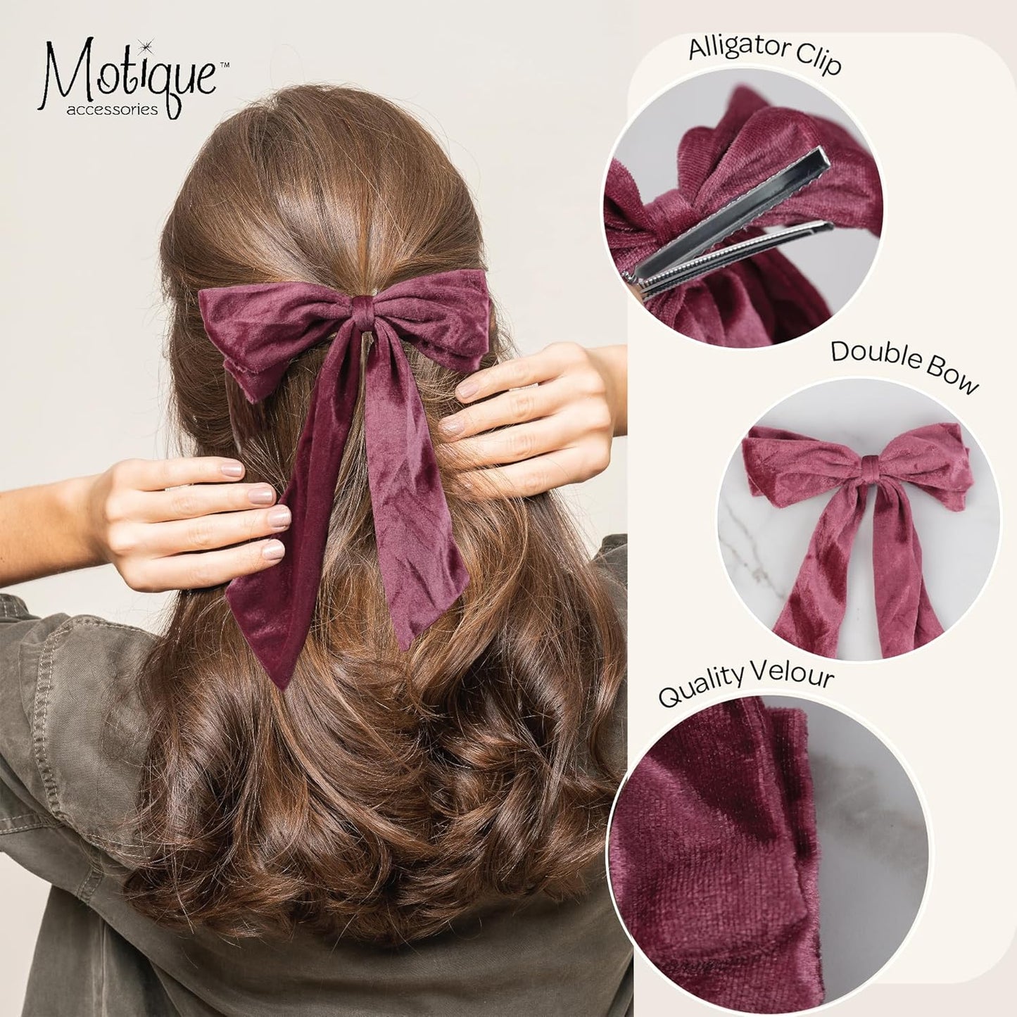 Velour Bow Clip, 6.5 Inch (Mauve)