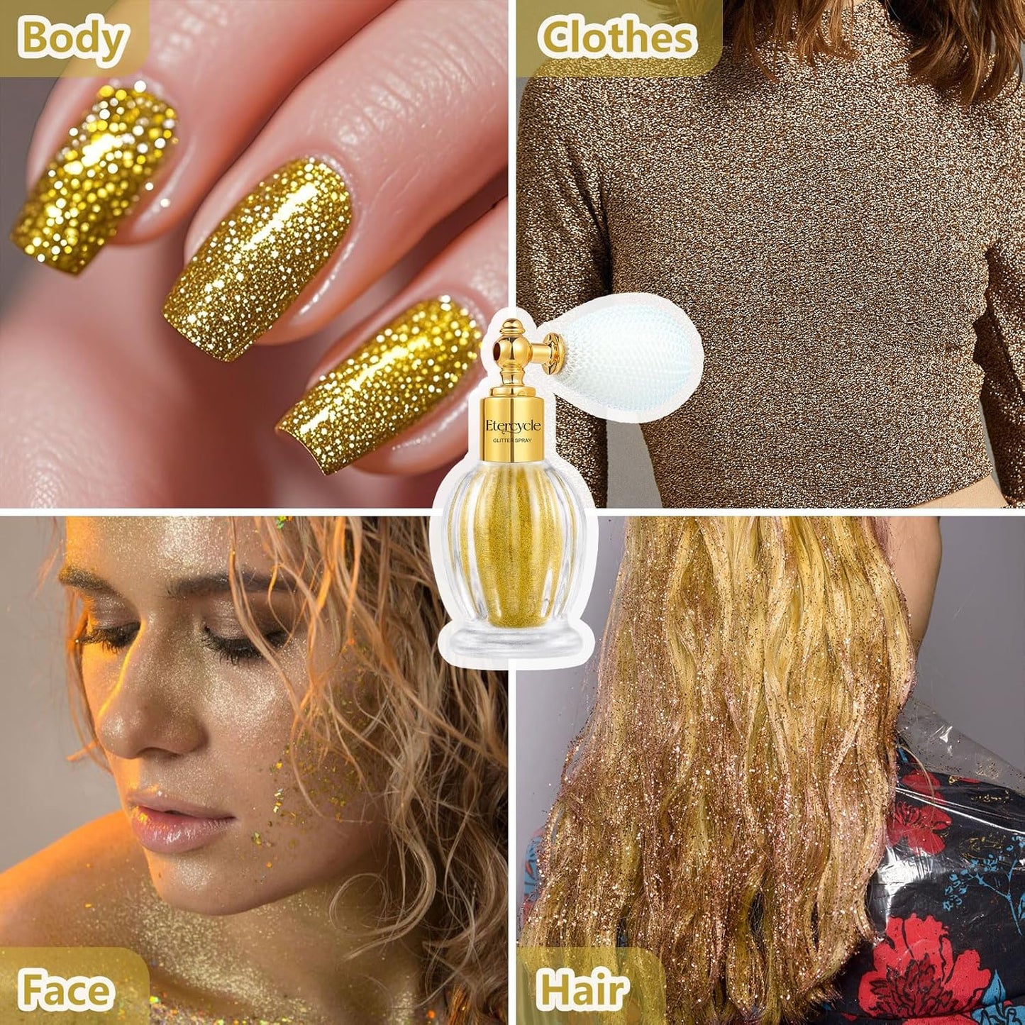 Etercycle Hair Glitter Spray, Gold Body Glitter Extra Fine Face Shimmer Powder, Long-Lasting and Quick-Drying Body Shimmer Sparkly Glitter Gifts for Clothing Stage Festival Rave Prom