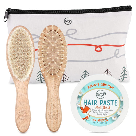 LANE & CO. Hair Gel for Kids with Goat-Hair Brush & Hard-Bristle Hairbrush- Plant-Based Styling Paste for Baby, Toddler - Natural, Organic, Child-Safe Formula with Shea & Cocoa Butter, Coconut Oil