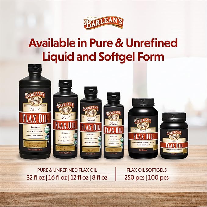 Barlean's Organic Flaxseed Oil Liquid from Fresh Cold Pressed Flax Seeds, 7,640mg ALA Omega 3 Fatty Acid Supplement for Skin and Hair Care, Vegan & Gluten Free, 8 oz