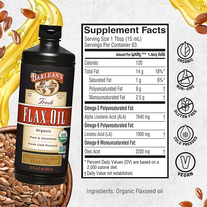 Barlean's Organic Flaxseed Oil Liquid, Cold Press Flax Seeds, 7,640mg ALA Omega 3 Fatty Acid Supplement for Joint and Heart Health & Healthy Digestion, 32 oz