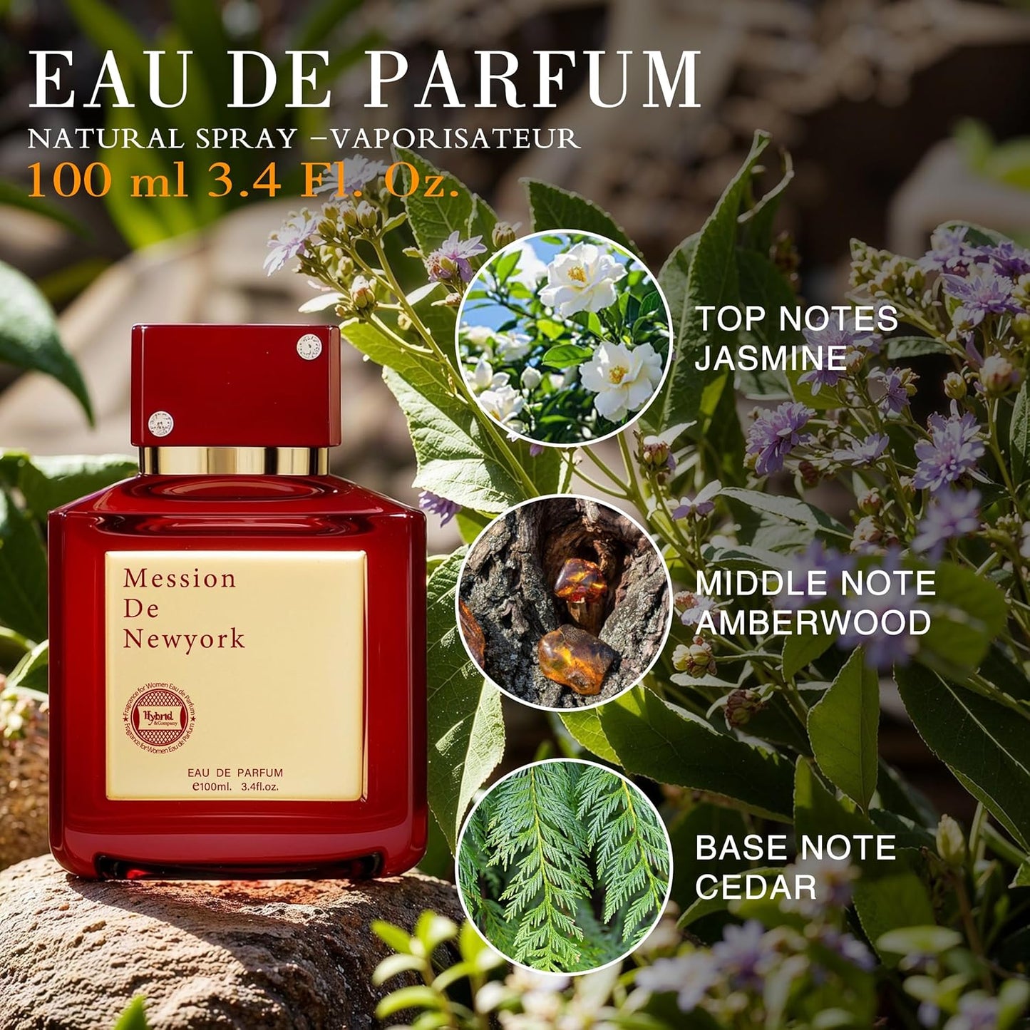 Hybrid & Company Mession De New York Red Eau De Parfum Natural Spray Fresh Floral Scent, 3.4 Fl Oz