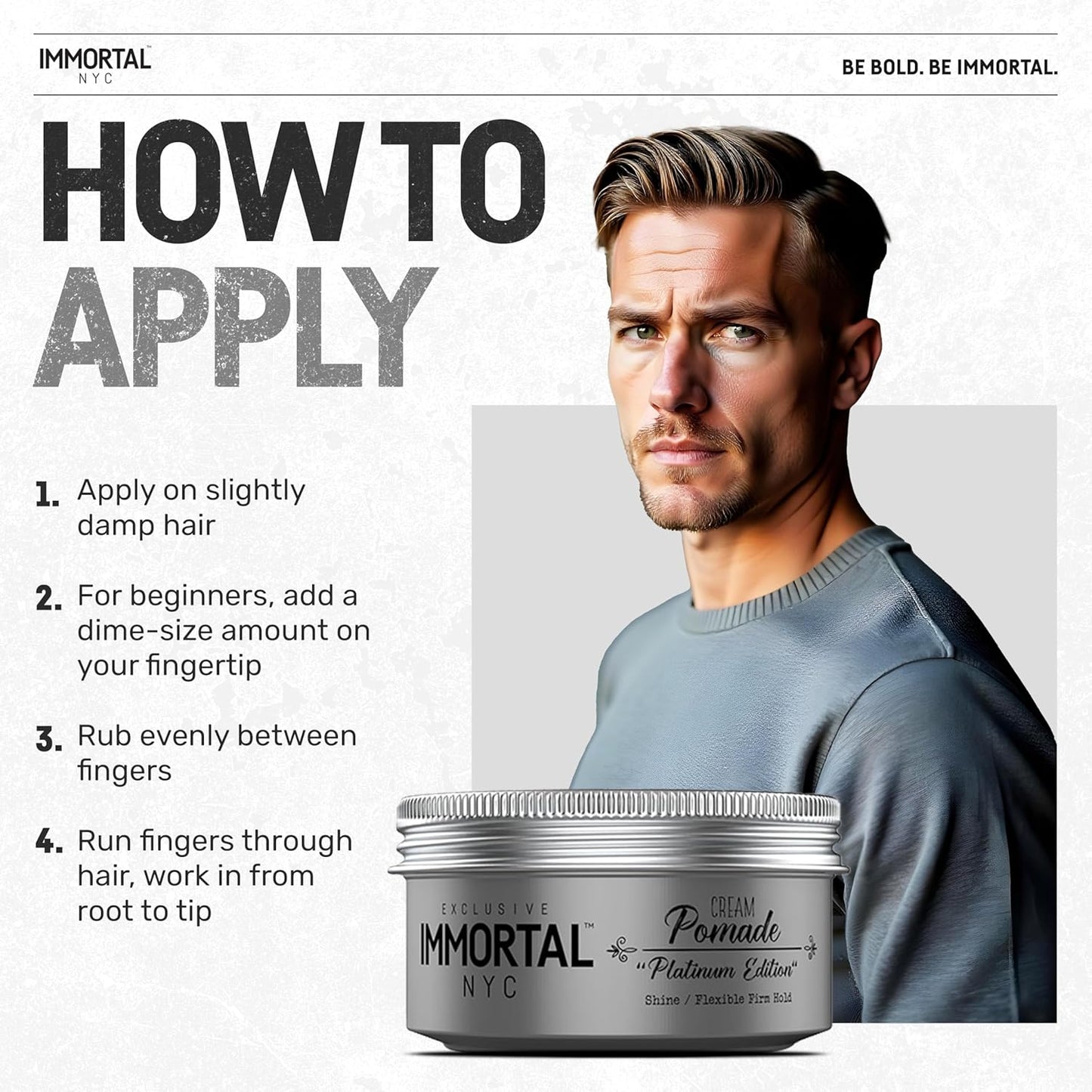 Immortal NYC Hair Styling Cream Pomade Platinum Edition - Mens Water Based, No Residue Hair Balm - All Natural Pomade -Strong Firm Hold - Gel for All Hair Types