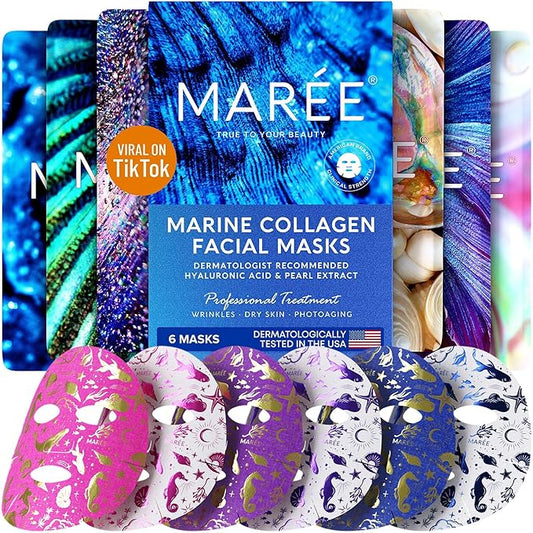 MAREE Collagen Facial Mask with Hyaluronic Acid - Sheet Face Masks Skincare with Green & Red Algae Extract - Hydrating Mascarillas Faciales For Women Skin Care | Facial Mask