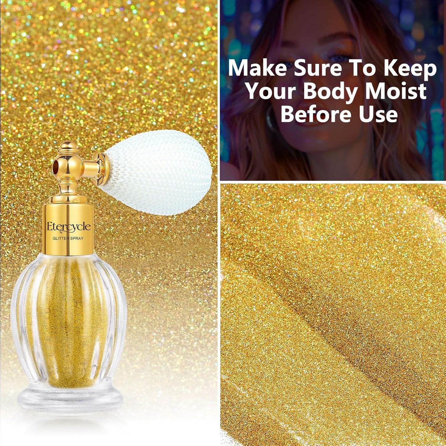 Etercycle Hair Glitter Spray, Gold Body Glitter Extra Fine Face Shimmer Powder, Long-Lasting and Quick-Drying Body Shimmer Sparkly Glitter Gifts for Clothing Stage Festival Rave Prom