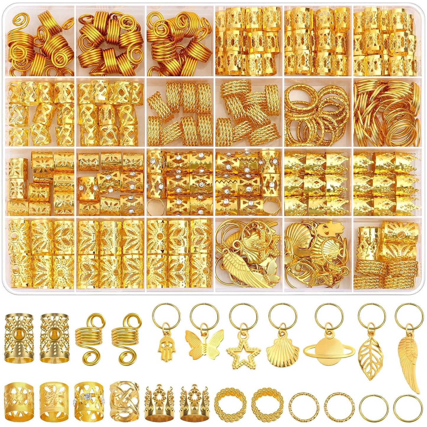 280 Pcs Hair Jewelry for Women, Hair Charms Cuffs Beads for Braids Loc Jewelry for Dreadlocks, Adjustable Gold Braids Coils Rings Decoration for Dreadlock Accessories