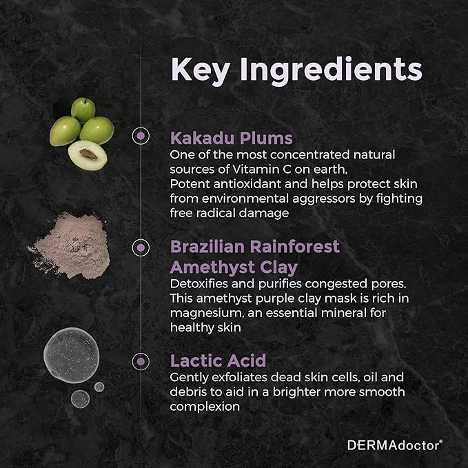 DERMAdoctor Kakadu C Dermatologist Formulated Amethyst Clay Detox Mask; Vitamin C Clay Face Mask for Dark Spots, Dull Skin, Oil Control and Refining Pores - 1.69 oz