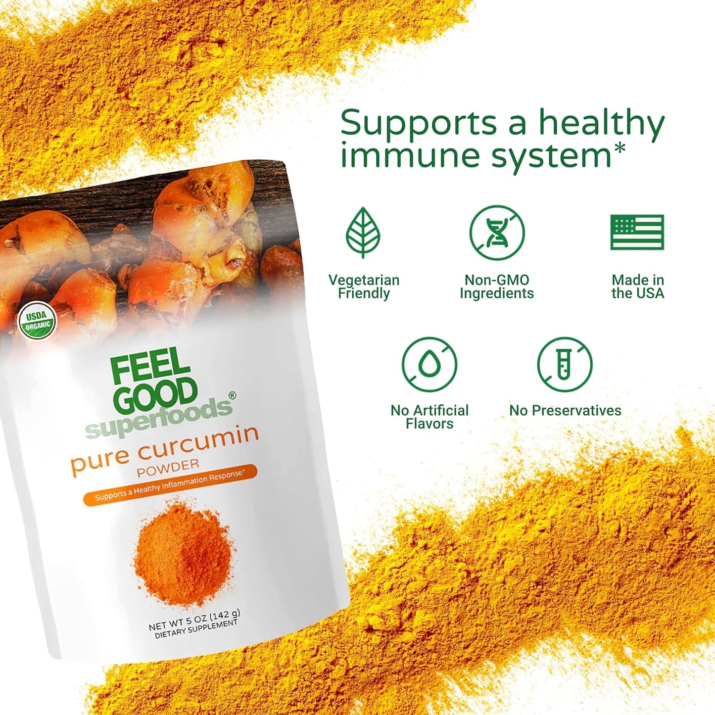 FEEL GOOD Superfoods Pure Curcumin Powder, Organic, Non-GMO, Vegan from Bulk Ground Turmeric Root from India, Curcuma Longa Joint Supplement, 5 oz