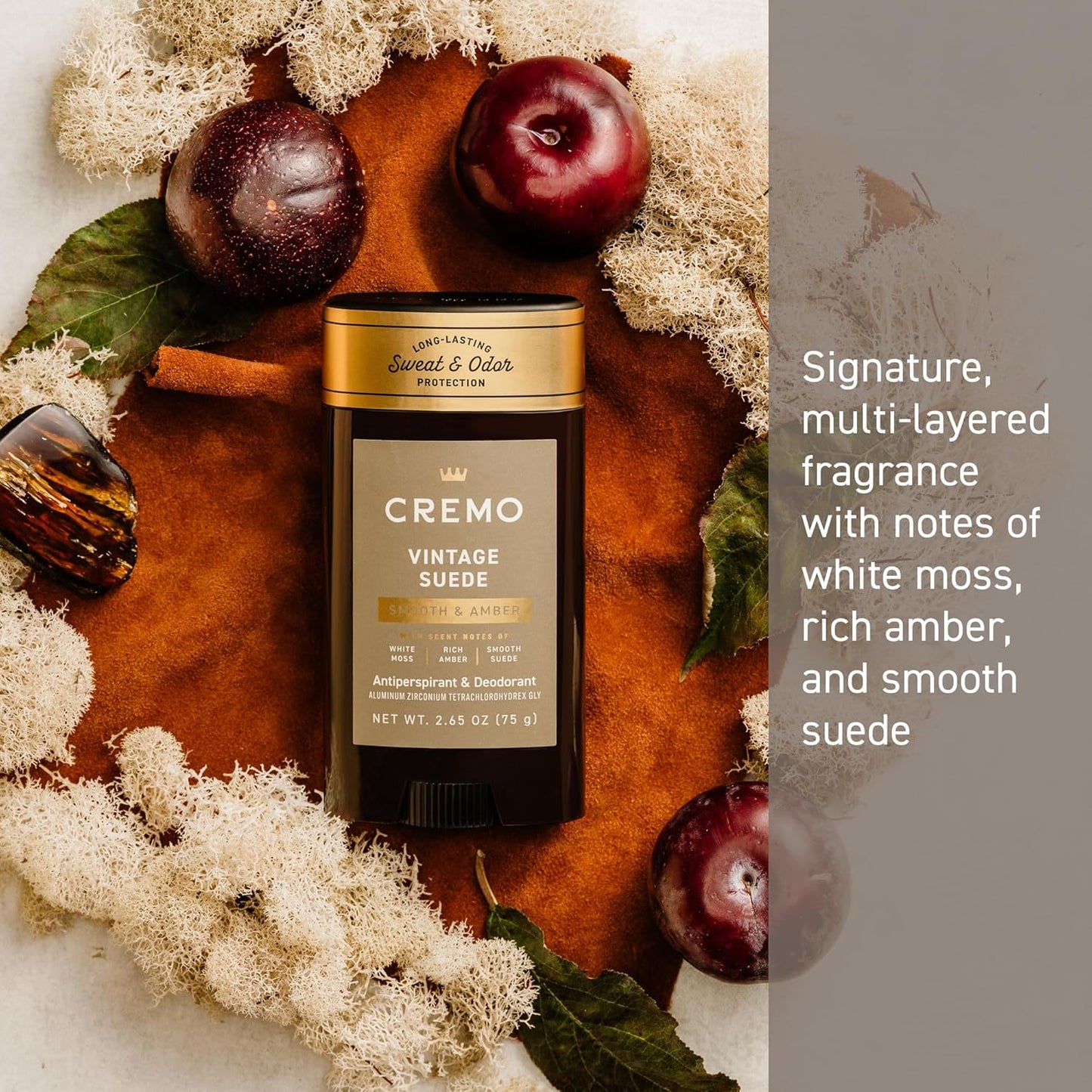 Cremo Vintage Suede Antiperspirant & Deodorant for Men, 48-hour Sweat and Odor Protection, 2.65oz