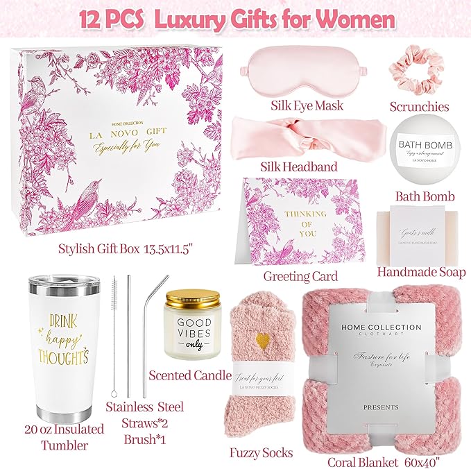Gift Basket for Women, Pink Self Care Spa Package, Thinking of You, Elegant Birthday Gifts for Mom, Sister, Wife, Best Friend