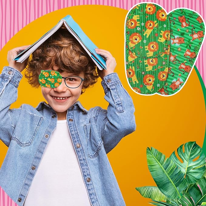 Newcotte 12 Pcs Eye Patch for Kids Toddler Reusable Adjustable Girls Boys Eyepatch for Glasses Left or Right Eye Patch, Assorted Patterns(Jungle Animal)