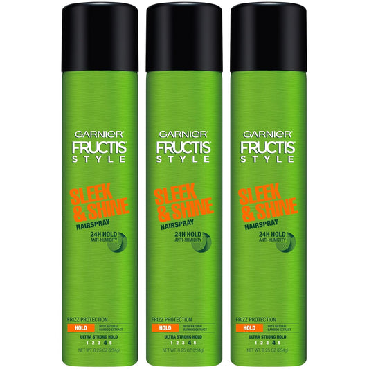 Garnier Fructis Style Sleek and Shine Anti-Humidity Hairspray, Ultra Strong Hold, Frizz Protection 8.25 Oz, 3 Count (Packaging May Vary)