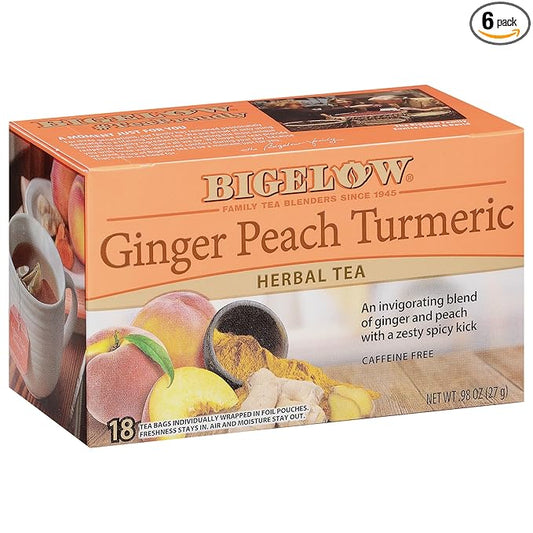 Bigelow Tea Ginger Peach Turmeric Herbal Tea, Caffeine Free Tea with Ginger and Peach, 18 Count Box (Pack of 6), 108 Total Tea Bags