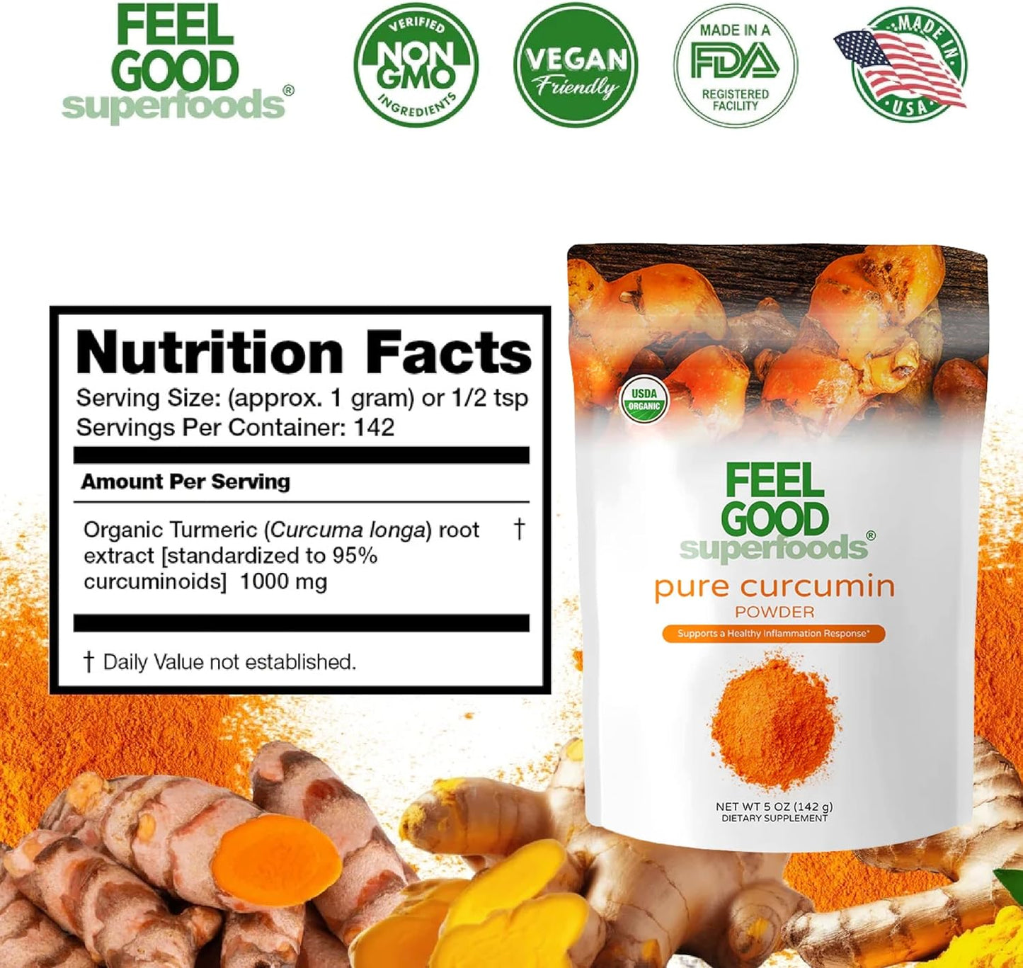 FEEL GOOD Superfoods Pure Curcumin Powder, Organic, Non-GMO, Vegan from Bulk Ground Turmeric Root from India, Curcuma Longa Joint Supplement, 5 oz