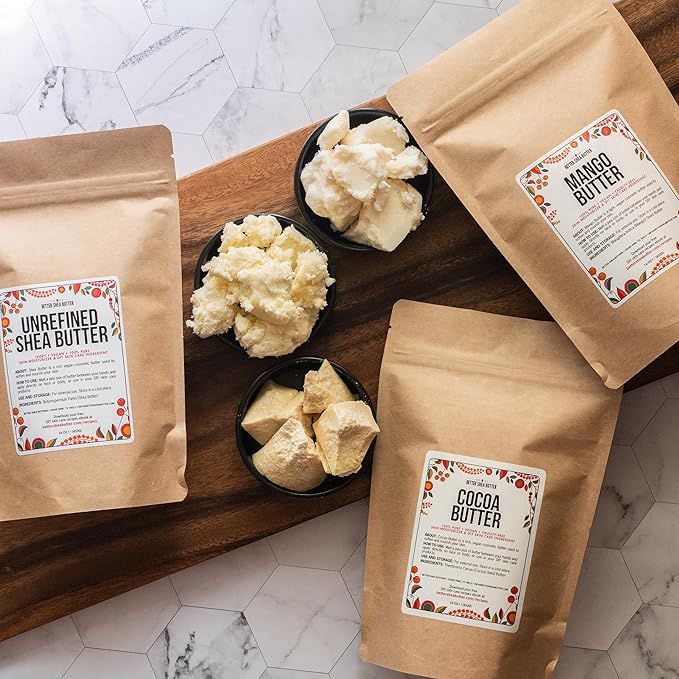 Better Shea Butter Set of Raw Shea Butter, Raw Mango Butter, Unrefined Cocoa Butter For Soap Making and DIY Body Butters, Lip Balms, Body Lotions - Each Jar is 8 oz Making 24 oz Total (3-Bar Set)