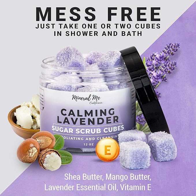 Exfoliating Body Scrub - 12oz LAVENDER Sugar scrub cubes w/Mango Butter & Shea butter- Ultra Hydrating & Moisturizing - Natural & Organic for all body exfoliation-For hands, arms legs, elbow & foot