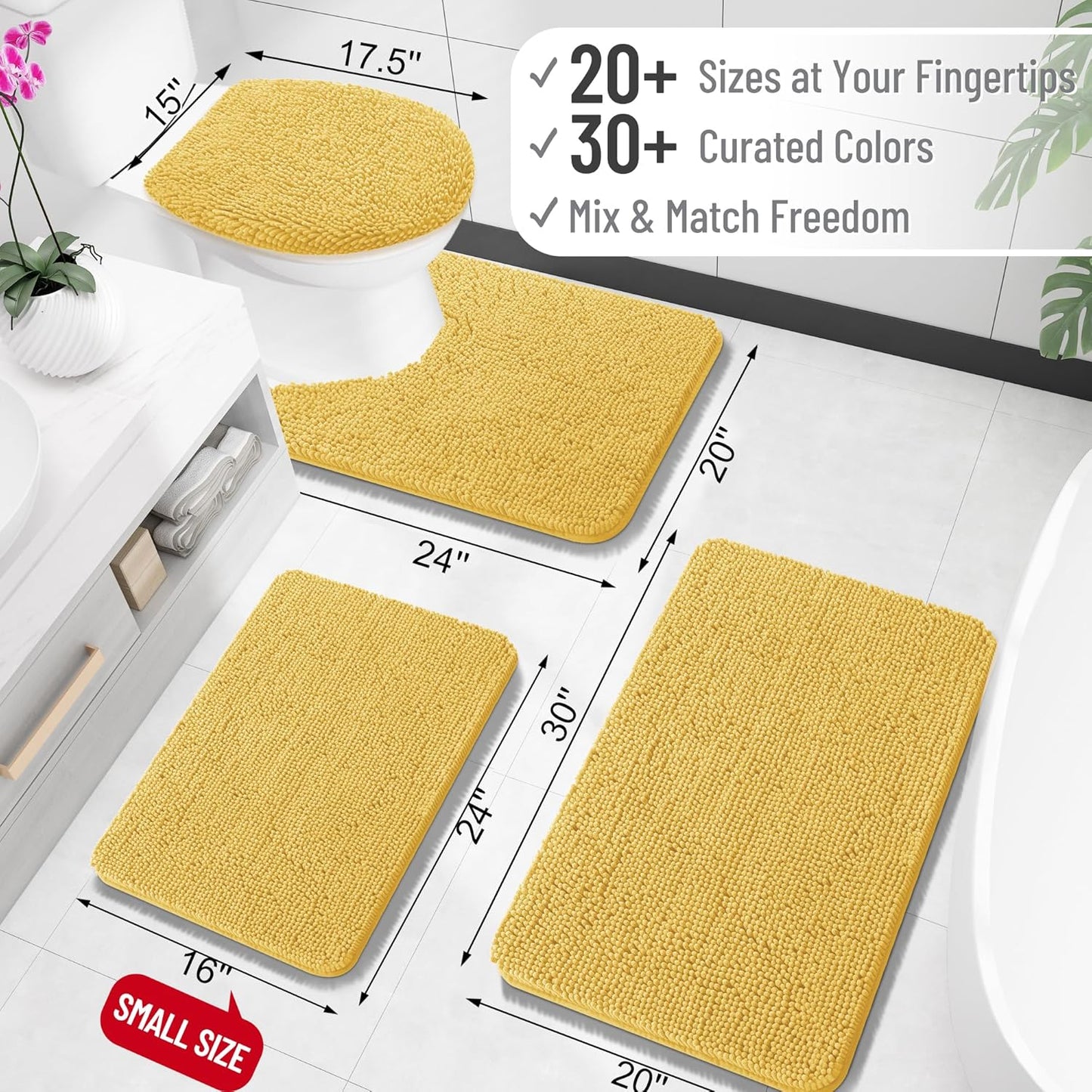 OLANLY Toilet Rugs U-Shaped 24x20, Extra Soft Absorbent Chenille Contour Bathroom Rugs for Toilet, Dry Quickly, Machine Washable, Non-Slip Bath Mat, Yellow