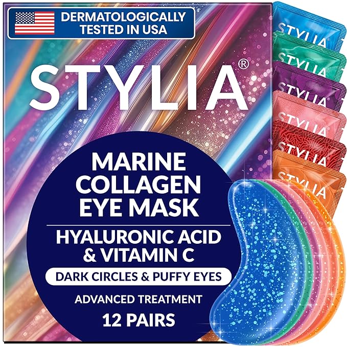 Stylia Under Eye Patches for Puffy Eyes and Dark Circles (12 Pairs) - Marine Collagen Under Eye Mask with Vitamin C, Hyaluronic Acid, Pearl Extract - Eye Masks for Dark Circles and Puffiness