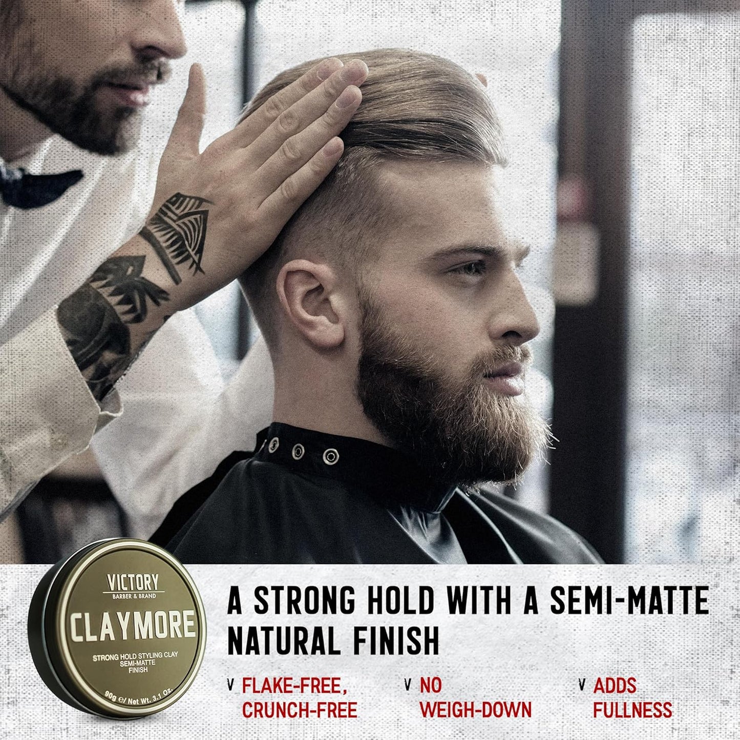 Victory Barber & Brand Claymore hair pomade for men | Strong Hold Matte Finish Men's Clay Pomade | made in usa | Designed by barbers, made for the rugged | Texturizing & Styling Clay 3.1 Oz