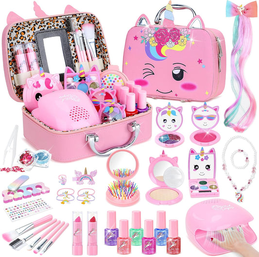 PERRYHOME Kids Makeup Kit for Girls, Kids Makeup Sets for Girls 5-8 Unicorn Washable Real Cosmetic Set Nail Polish Set, Toddler Birthday Gifts Princess Toys for 3 4 5 6 7 8 9 10 11 12 Year Old (Pink)