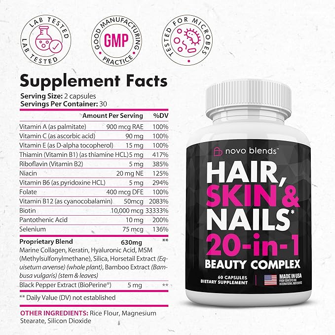 Biotin, Collagen, Silica, Hyaluronic Acid & Keratin 60 Capsules