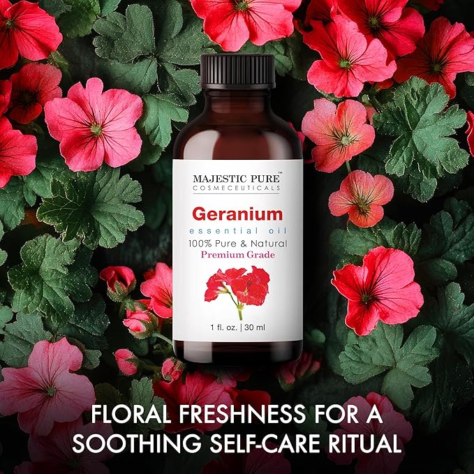 MAJESTIC PURE Geranium Essential Oil | 100% Pure and Natural Geranium Oil | Premium Grade Essential Oils for Hair Care, Home Diffusers, Skin, Aromatherapy, Massage and Humidifiers | 1 Fl Oz