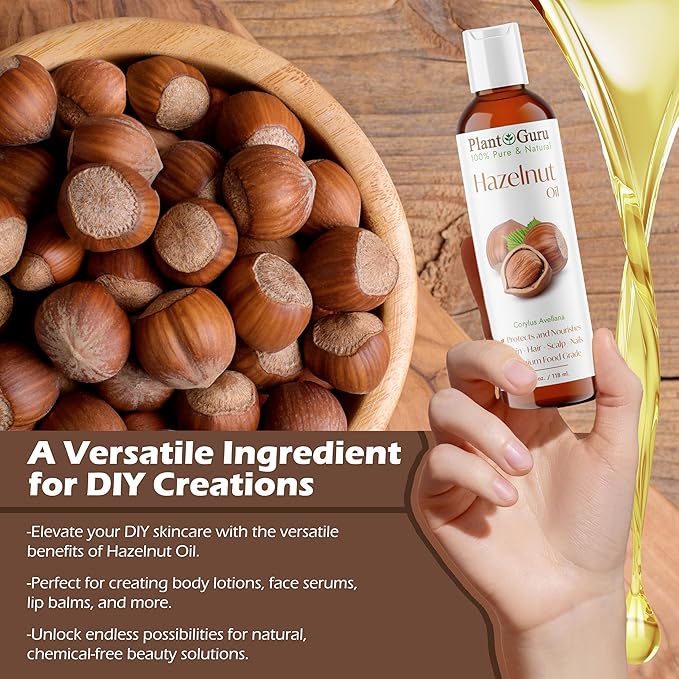 Hazelnut Oil 8 fl. oz. Cold Pressed 100% Pure Natural Carrier - Skin, Face, Body And Hair Growth Moisturizer. Great For DYI Cream, Lotions and Lip balm.