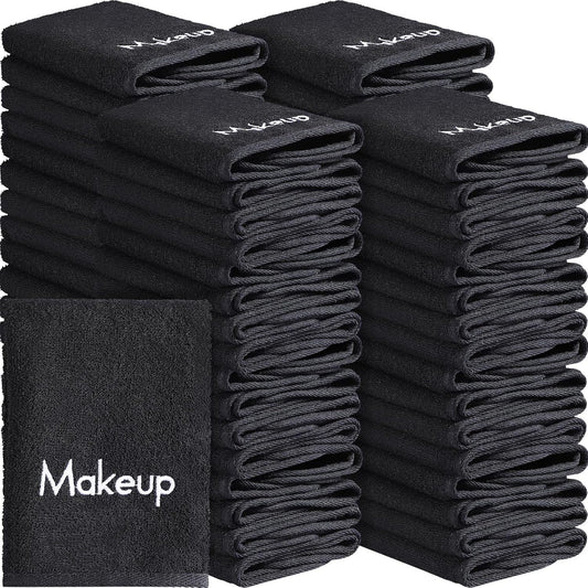 Chumia 72 Pcs Makeup Remover Cloths 13 x 13 Inch Makeup Towel Face Washcloths with Embroidery Black Reusable Washcloths Soft Cleansing Face Towel for Women