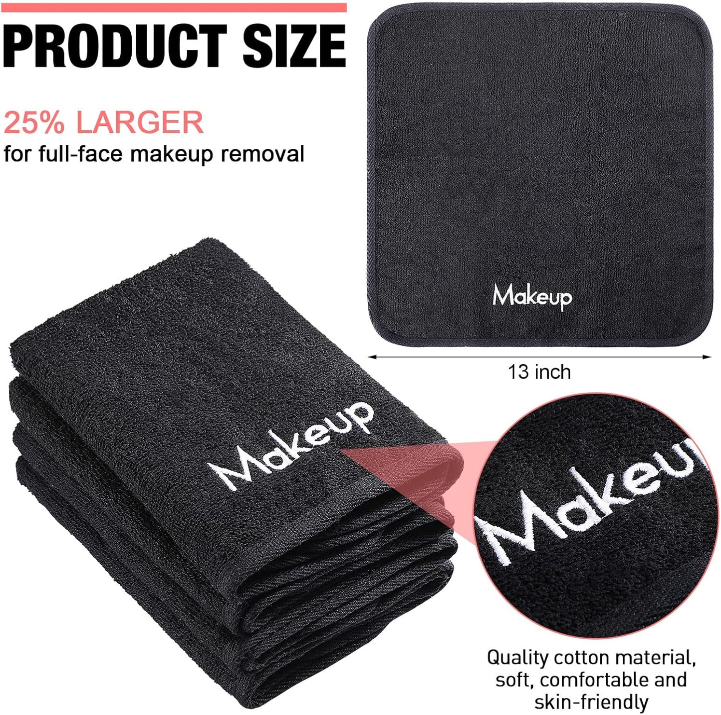 Chumia 18 Pcs Makeup Remover Cloths 13 x 13 Inch Makeup Towel Face Washcloths with Embroidery Black Reusable Washcloths Soft Cleansing Face Towel for Women
