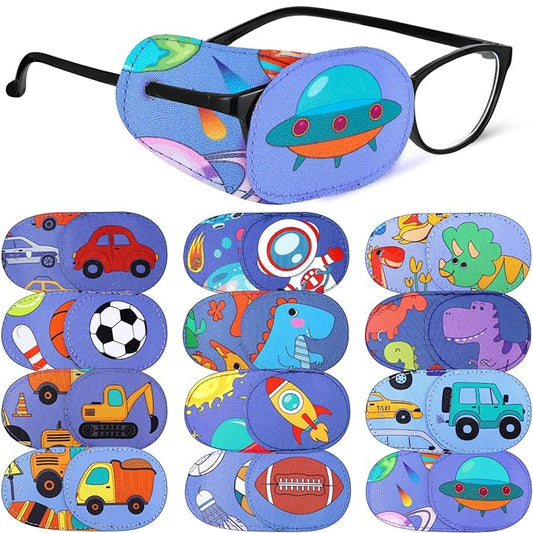 Newcotte 12 Pcs Eye Patch for Kids Toddler Reusable Adjustable Girls Boys Eyepatch for Glasses Left or Right Eye Patch, Assorted Patterns(Dinosaur)