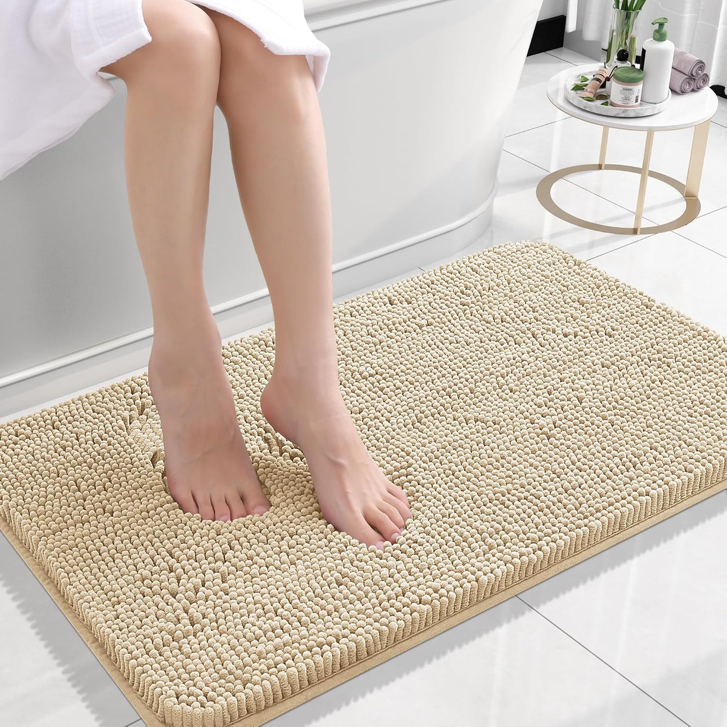 OLANLY Bathroom Rugs 24x16, Extra Soft Absorbent Chenille Bath Rugs, Rubber Backing Quick Dry, Machine Washable Bath Mats for Bathroom Floor, Tub and Shower, Home Decor Accessories, Beige