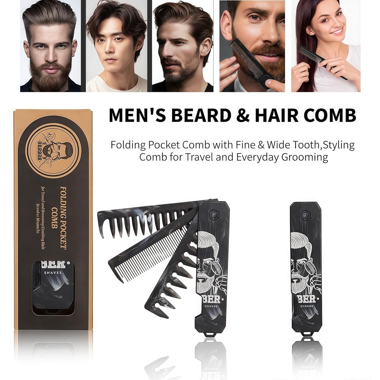 1PC 3 In 1 Folding Pocket Comb for Men, Fine & Wide Tooth for Travel and Everyday Grooming Combing Hair, Beard or Mustache Styling Comb for Slicked-back, Quiff, Pompadour, Fauxhawk, Undercut