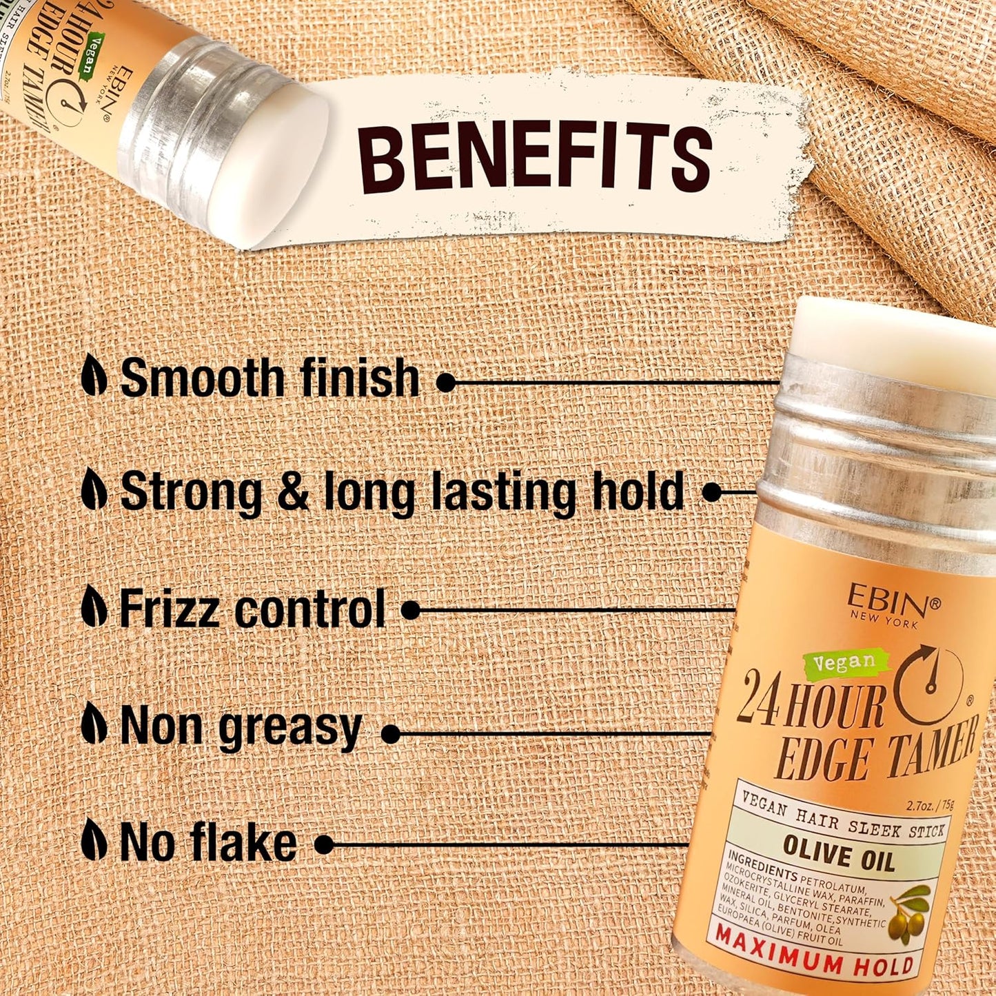 EBIN NEW YORK 24 Hour Edge Tamer Vegan Hair Sleek Stick Unscented Maximum Hold