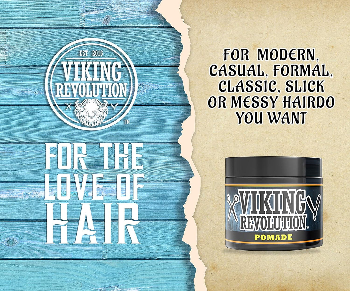 Viking Revolution Pomade for Men 4oz - Firm Strong Hold & High Shine for Classic Styling - Water Based & Easy to Wash Out (Firm, 1 Pack)