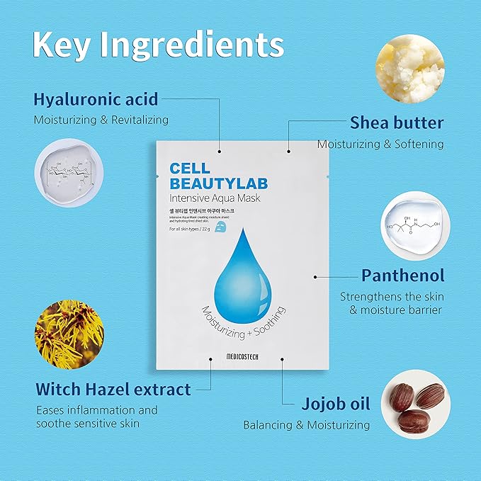 Intensive Aqua Mask 10 Pack | Hydrating, Moisturizing and Soothing Face Sheet Mask for All Skin Types | With Hyaluronic Acid, Panthenol, Shea Butter, Jojob Oil, Witch Hazel