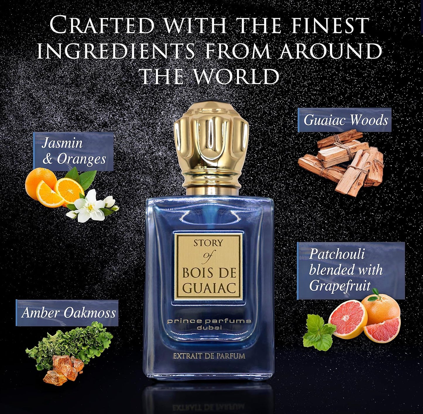 Prince Parfums Dubai - Story of Bois De Guaiac For Men - 3.4 Ounces - Extrait de Parfum - Exquisite Luxury Fragrance Exotic Woods, Amber, Citrus Notes - Refined Sophisticated Scent