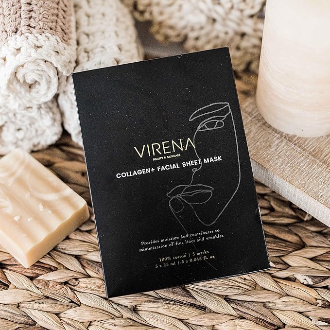 Collagen+ Facial Sheet Mask 5p, 100% Cotton, Hydrolysed Collagen, Hyalurnonic Acid, Vitamin C, Nourishes and Moisturizes Skin, Alcohol Free